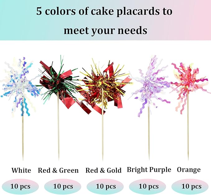 50 Pcs Foil Firework Cupcake Toppers, Glitter Sparkle Tinsel Frill Toothpicks for Cake Cocktail Food Fruit Decoration (Red, Green, Orange, Bright Purple, White)