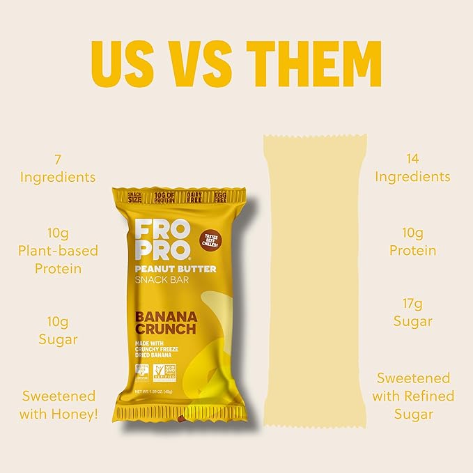 FROPRO Plant Protein Snack Bars - Plant Based Protein Bars, All-Natural, Gluten, Dairy, & Soy Free, High Protein Bars with Low Calories | Banana Crunch, 24 Pack