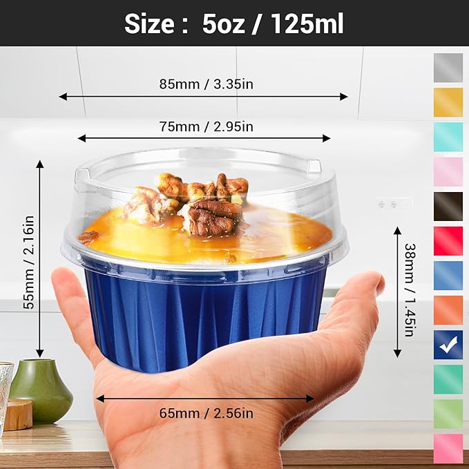 EUSOAR Foil Ramekins, 60pcs 5oz Disposable Mini Aluminum Foil Cupcake Liners Ramekins Cups with Lids for Baking, Dessert Cups Aluminum Cheesecake Pan Creme Brulee Baking Cups for Oven-Royal Blue