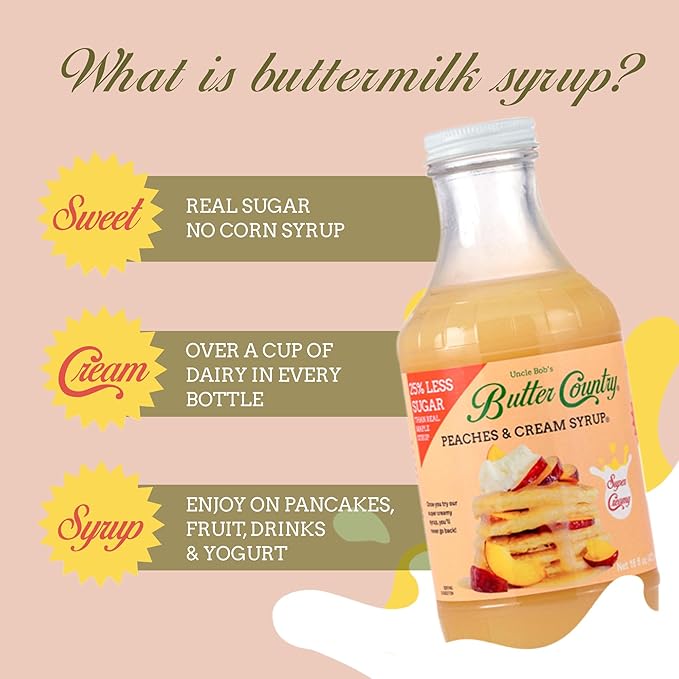 Butter Country Rich & Creamy Peach Syrup for Pancakes and Waffles, All Natural Fruity Topping Use on Drinks, Desserts, French Toast - 16oz Bottle, 4 Pack