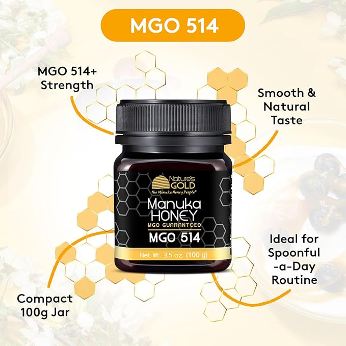 Nature’s Gold Raw Manuka Honey, Certified MGO 514+ | Authentic MGO, Australian Honey, Non-GMO, 100% Pure Genuine Traceable from Hive to Home (3.5oz)