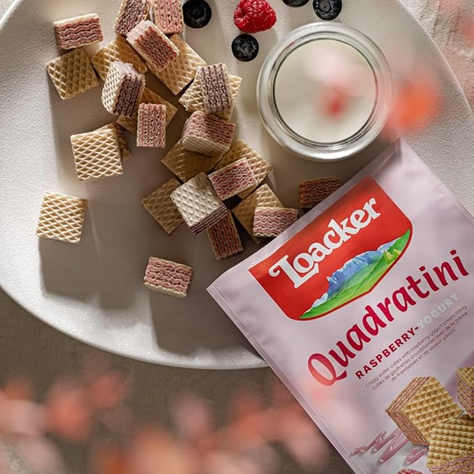 Loacker Quadratini Raspberry Yogurt Wafer Cookies LARGE - 30% Less Sugar - Premium Crispy Bite Size Wafers - LARGE Pack of 6