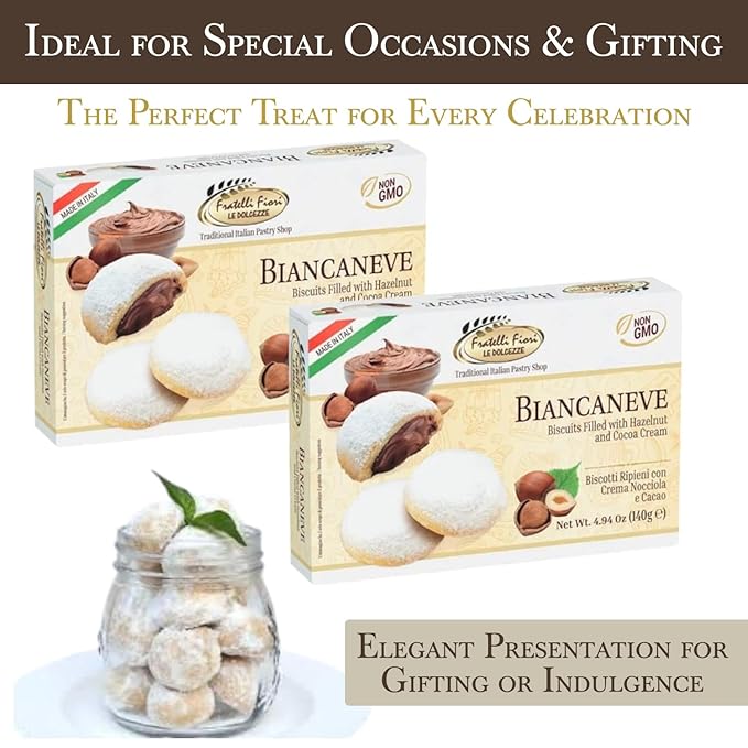 Fratelli Fiori Biancaneve Snow White Soft Cookies - Luxurious Italian Dessert with Rich Hazelnut Filling - Buttery Shortcrust Pastry Ideal for Festive Occasions & Gifts - 2-Pack