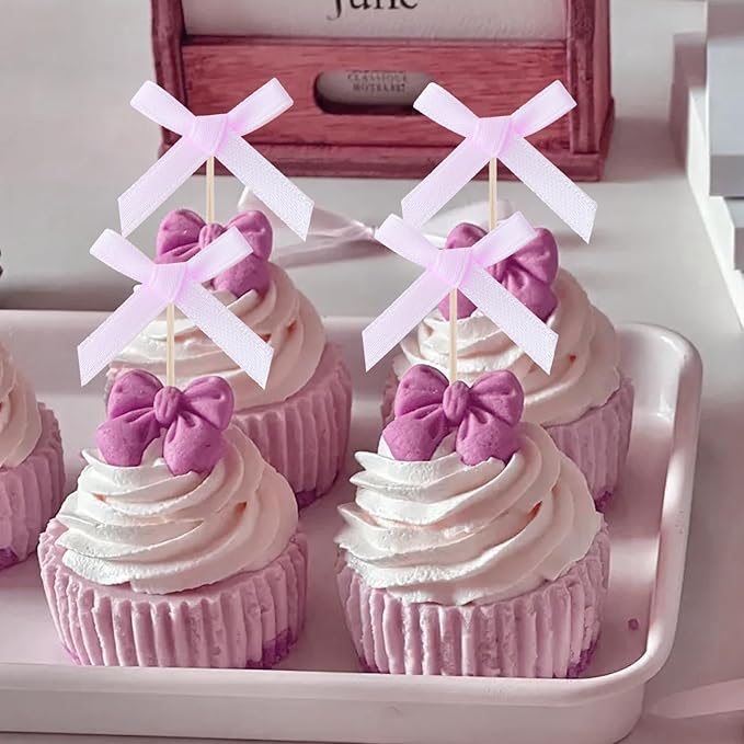 24Pcs Purple Bow Birthday Decorations Cupcake Toppers Supplies Purple Bow Baby Shower Cupcake Toppers Decorations for Girl Party Supplies Coquette Birthday Decorations