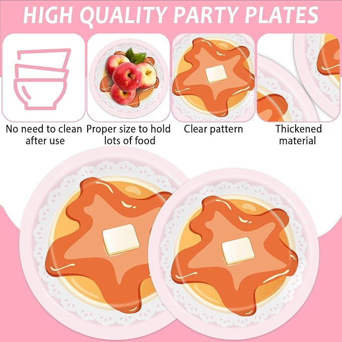 96Pcs Pancakes and Pajamas Paper Plates and Napkins Pajama Brunch Birthday Party Decoration Girls Pink Night Sleepover Dessert Plates Spa Party Cake Tableware Set for 24 Guests Slumber Party Supplies