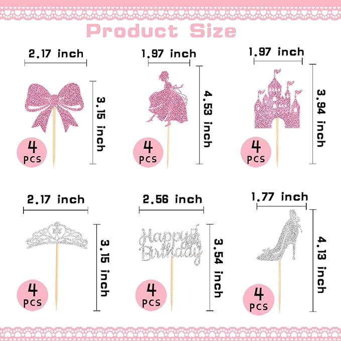 24Pcs Pink Castle Princess Cupcake Topper Silver Glitter Princess Cupcake Toppers High Heel Bow Crown Princess Cake Decorations for Princess Birthday Party Supplies Baby Bridal Shower
