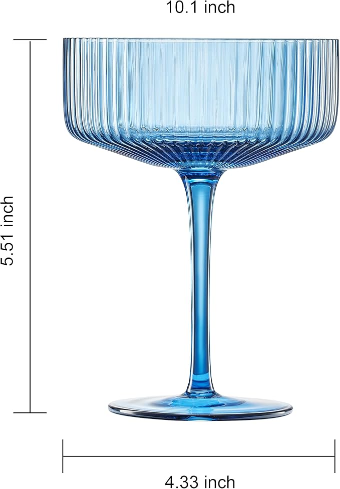 Ribbed Vintage Art Deco Coupe Glasses | 10 OZ Glass, 6-Set | Martini, Champagne & Cocktail Ribbed, Winter Bright Colored Crystal Glassware - Goblet Stemmed Ripple Glassware, Housewarming (Pastel)