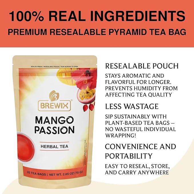 BREWIX, Mango Passion Fruit Herbal Tea Bags ??25 Plant-Based Pyramid Bags | Iced or Hot | Hibiscus, Citrus Peel, Lemongrass | Caffeine-Free & Naturally Uplifting Wellness Brew