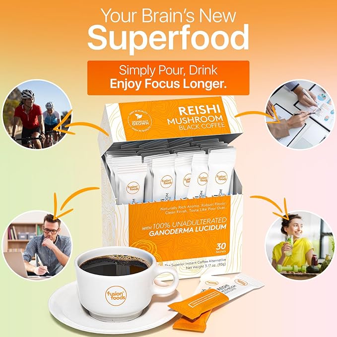Reishi Mushroom Black Coffee by fusion foods™ | All Natural Unadulterated Reishi Mushroom Ganoderma | Robust Aroma & Taste - 30 counts