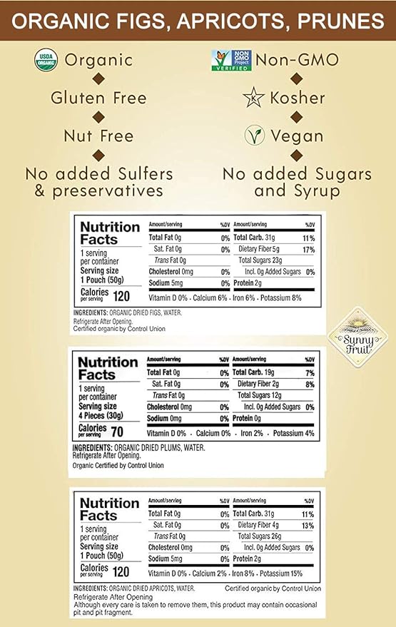 Sunny Fruit Organic Dried Fruit Assortment - Prunes, Figs & Apricots Variety, 3 Bags (15 Individual Portion Packs) | No Preservatives, No Sugar Added | ORGANIC, NON-GMO, VEGAN, HALAL, KOSHER