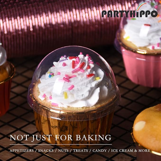 Party Hippo Foil Muffin Liners, 3.5 Oz 50 Pcs Disposable Cupcake Baking Cups, Gold Aluminum Ramekin Holders, Little Baking Cups (Pink)