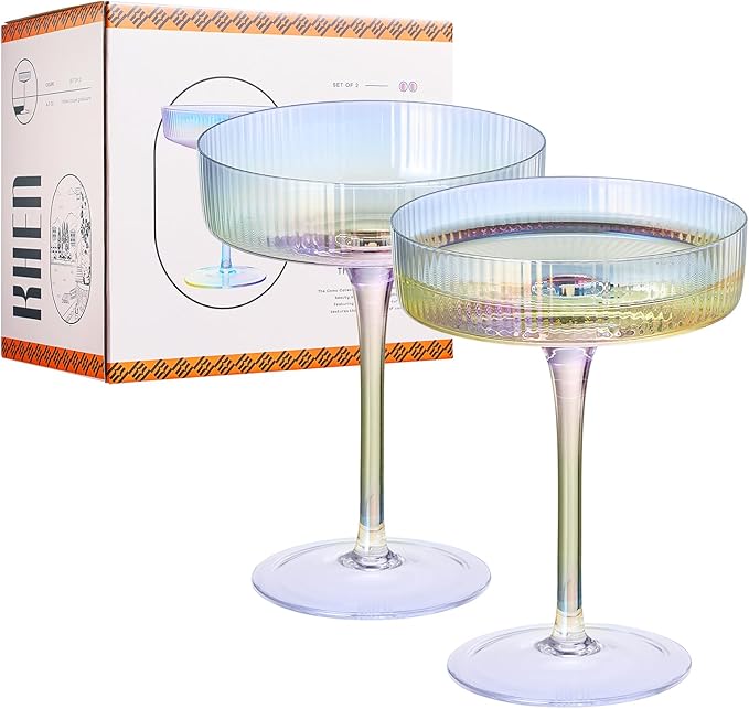 Iridescent Coupe Glasses, Martini, Champagne Cocktails, Vintage Art Deco | Set of 2 | 7.1 oz Stemmed Classic Manhattan Glasses For Speakeasy, Cocktail, Margarita, Ripple Coupes, Gatsby, Crystal Stems