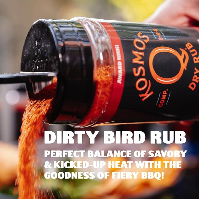 Kosmos Q Hot Dirty Bird BBQ Dry Rub, Spicy Seasoning with Chili Pepper, Brown Sugar, Garlic & Onion for Chicken, Turkey, Ribs, Pork, Dry Rub for Smoking & Grilling Meat, BBQ Spice Blend, 16 Oz Bag