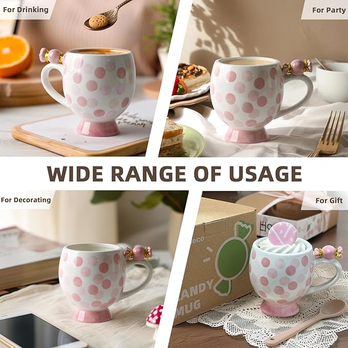 Ceramic Mug Cute Candy Shape, Unique Holiday Mug with Handle Hot Cocoa Cup Perfect for Tea & Coffee Lovers, Gifts for Family Friends or Children 12 OZ (Pink Dots)