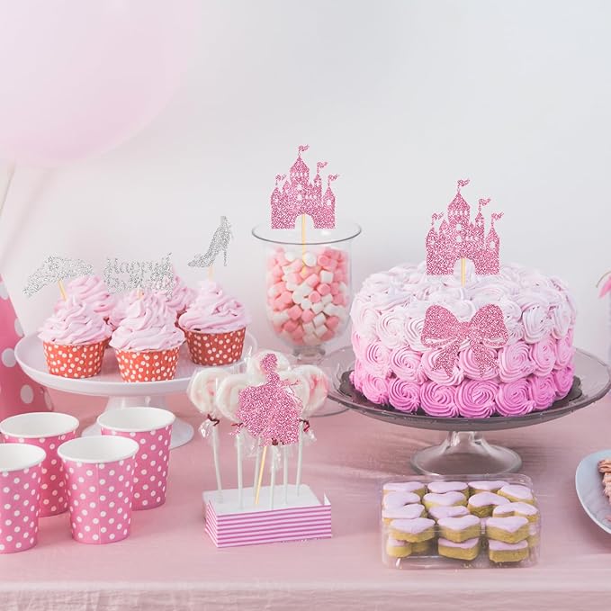 24Pcs Pink Castle Princess Cupcake Topper Silver Glitter Princess Cupcake Toppers High Heel Bow Crown Princess Cake Decorations for Princess Birthday Party Supplies Baby Bridal Shower