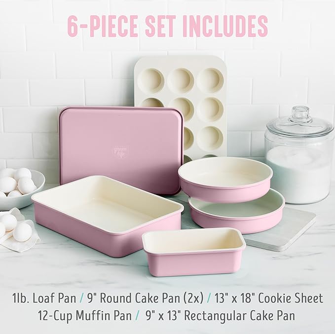 GreenLife 6 Piece Nonstick Bakeware Set, Non-Toxic PFAS-Free Ceramic Oven Pans, Dishwasher & Oven Safe to 450°F, Easy Release Baking Sheet, Loaf Pan, Rectangle & Round Cake, Muffin Pan, Pink