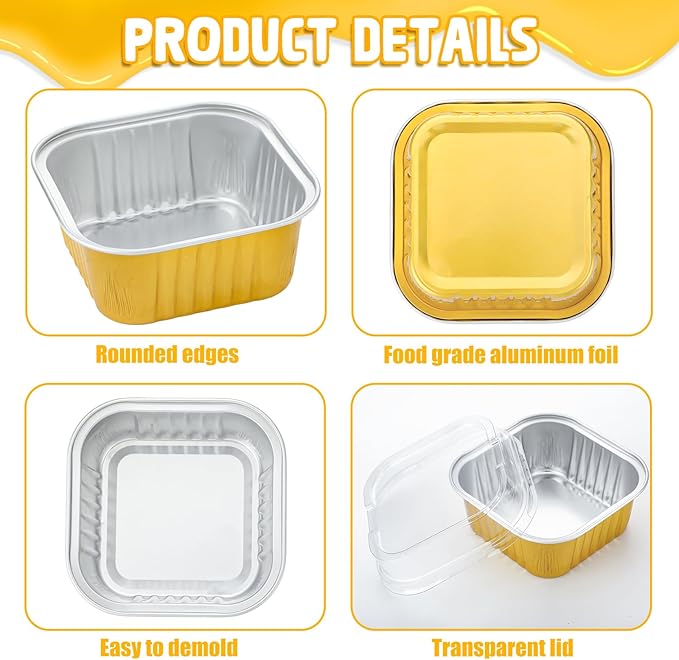 Hushee 600 Pcs Aluminum Foil Baking Cups with Lids and Spoons 5oz Disposable Ramekins Dessert Muffin Creme Brulee Cupcake Liners Containers for Wedding Birthday Christmas Party(Square,Gold)