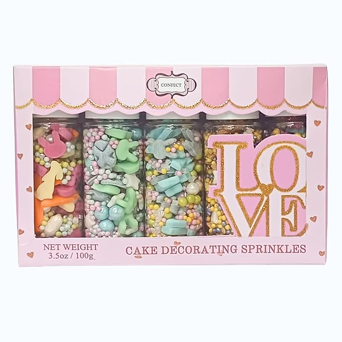Confect Easter Sprinkles Edible | Assorted pack of 5 Parrot Green, Yellow, Pink, White and Silver Pearls & Stars I Cookies, Desserts & cupcake Decorating | Edible Sprinkles Mix for Baking & Cake