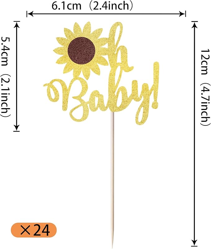 YCTHUNFISH 24 Pack Gold Glitter Sunflower Baby Shower Cupcake Toppers