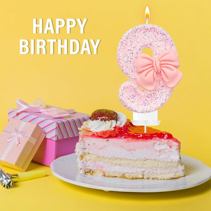 Pink Glitter Bow Birthday Candles, Number 9, Smokeless, Eco-friendly, Non-toxic