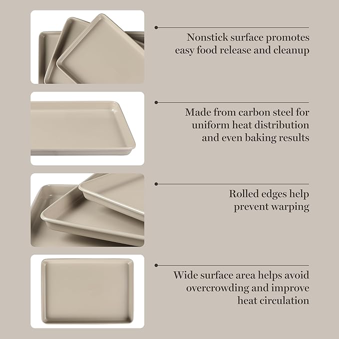 Martha Stewart Gallen 3-Piece Cookie Sheet Set ??13", 15", 17" Baking Pans, Ceramic Nonstick, PFA-Free, Carbon Steel ??Oven Safe to 450°F, Warp-Resistant, Easy to Clean - Taupe
