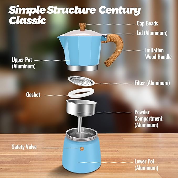 3 Cup Aluminum Moka Pot Classic Stovetop Espresso Coffee Maker 150ml 5oz Coffeemaker Percolator Mocha Pot Greca Coffee Maker Cafe Makers for Italian and Cuban Cafì±?Brewing Blue