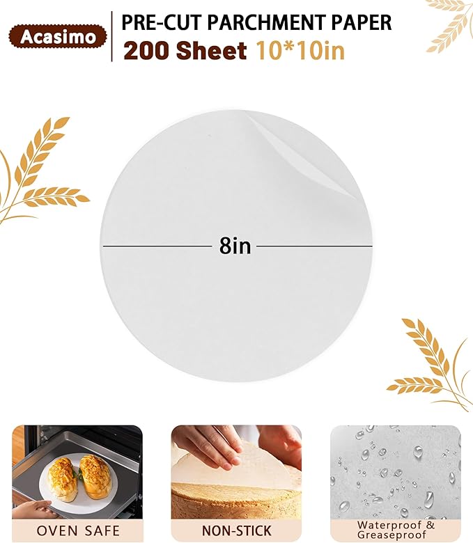 200Pcs Parchment Paper Rounds, 8 Inch Baking Parchment Circles, Precut Baking Sheets Round, Burger Patty Paper Liners for Tortilla Press, Cake Pan, Air Fryer, Springform Pan, Pizza Pan, Cake Cookie