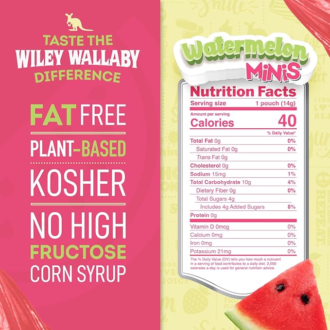 Wiley Wallaby Mini Licorice Bites 0.5 Ounce Classic Gourmet Soft & Chewy Australian Watermelon Licorice Candy Bags, 40 Pack