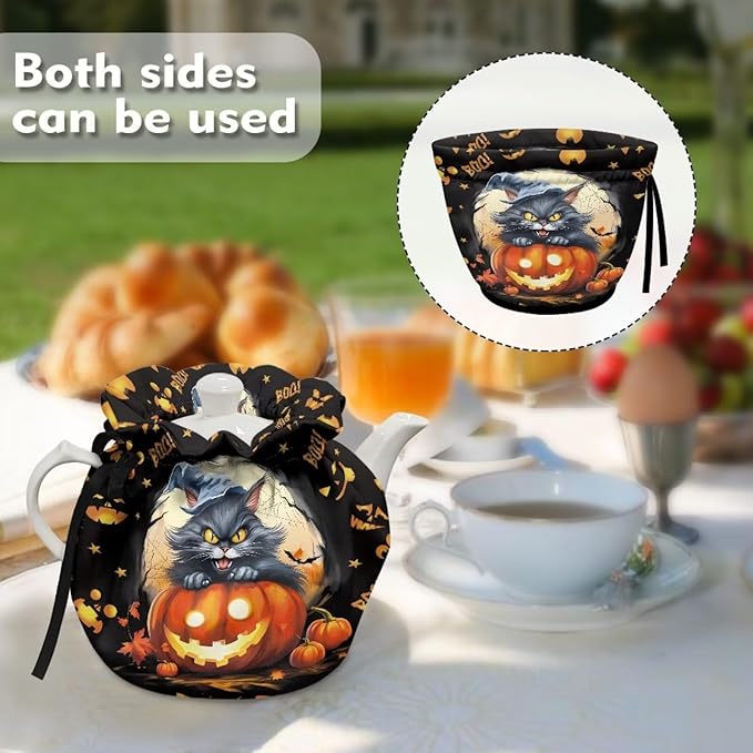 Black Cat Tea Cozy for Teapot Insulated Dust Proof Pumpkin Teapot Insulation Cover for All Hallows' Eve Home Decor Kitchen Accessory Tea Cozy with Drawstring