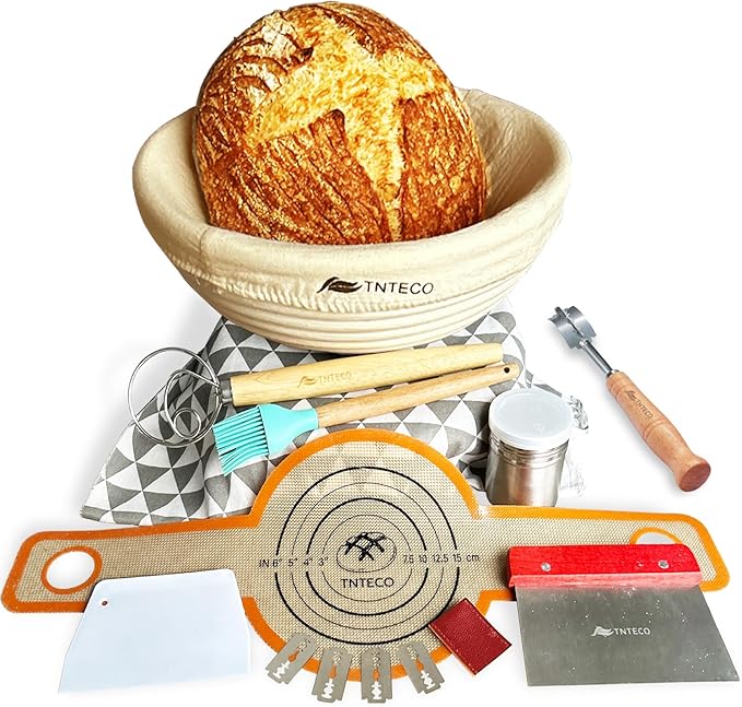 Banneton Bread Proofing Basket, Sourdough Bread Baking Supplies, Sourdough Starter Kit with 9 Inch Banneton Baskets, Silicone Bread Sling, 5 Bread Lame, Scoring Lame, Scraper, Dough Whisk