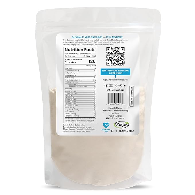 Nafajama Premium Gluten-Free White Fonio Flour | Ancient African Superfood | All-Natural, Non-GMO, Vegan, High-Fiber - 1 Bag of 1 lb / 454g