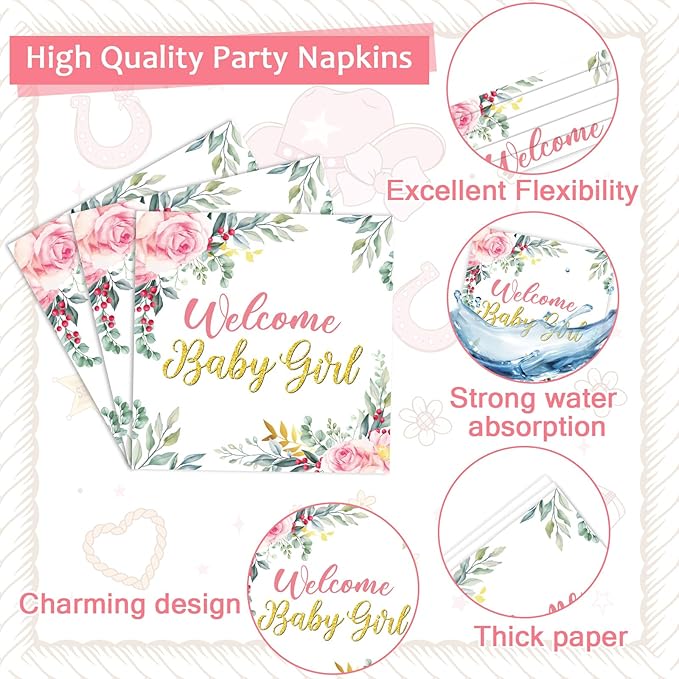 96Pcs Welcome Baby Girl Plates and Napkins Baby Shower Party Decorations Sage Green Pink Dessert Disposable Plates Pink Green Floral Tableware Set for 24 Guests Baby Girls Birthday Party Supplies