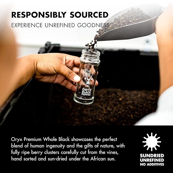 Oryx Black Pepper Grinder - 1.26oz - Manual Refillable Grinder with Premium Whole Black Peppercorns from Madagascar - Perfect for Home Cooking & Gourmet Meals - refillable reusable +20x grinder head