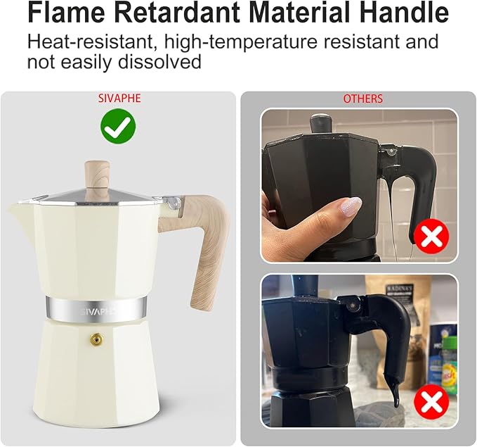 Sivaphe Aluminum Moka Pot 6 Espresso Cups, Percolator Espresso and Coffee Maker, Portable Stovetop Italian and Cuban Cafì±?Brewer for Home and Camping White