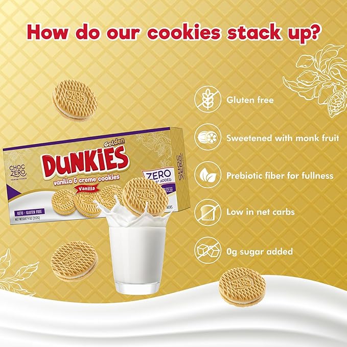 ChocZero Gluten-Free Vanilla Sandwich Cookies with Creme - Low Sugar, Keto Friendly Dunkies (1 Box, 9oz)