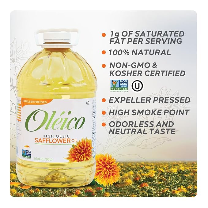 Oleico - High Oleic, Non GMO Certified, Kosher Verified, Expeller Pressed, High Heat Stable Safflower Oil, Bottle of 1 Gallon (128 fl. oz.)