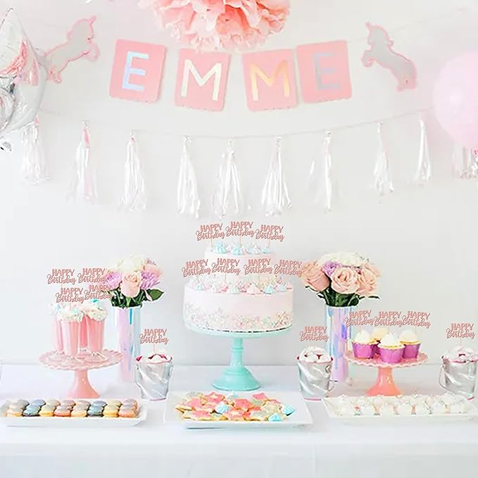 30 PCS Happy Birthday Cupcake Toppers Glitter Happy Birthday Cupcake Picks for Celebrating Birthday Anniversary Theme Party Cake Decorations Supplies Rose Gold