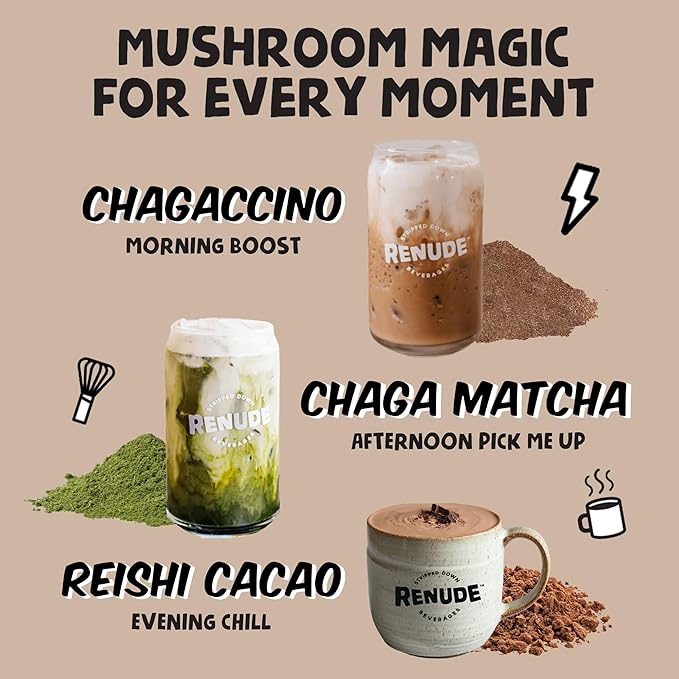 Renude Variety Pack - Mushroom Matcha, Coffee & Hot Chocolate, Cacao Powder, Natural Vegan Superfoods, Coffee Alternative with Chaga & Reishi - 2 Chagaccino, 2 Chaga Matcha, 2 Reishi Cacao (6 Count)