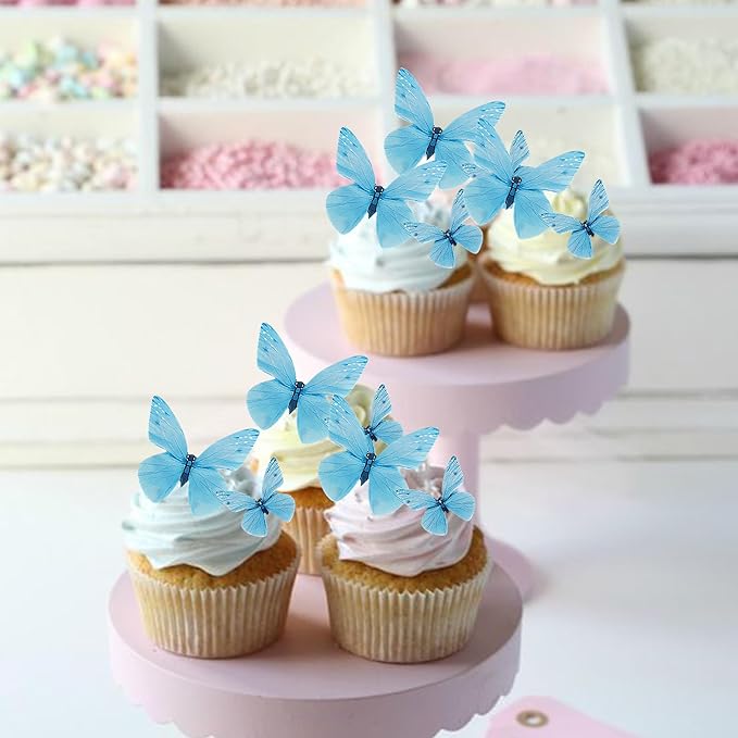 72PCS Edible Butterfly Cupcake Toppers Butterfly Cupcake Picks Edible Butterfly Cupcake Decorations for Butterfly Theme Baby Shower Kids Birthday Party Cake Decorations Supplies Blue