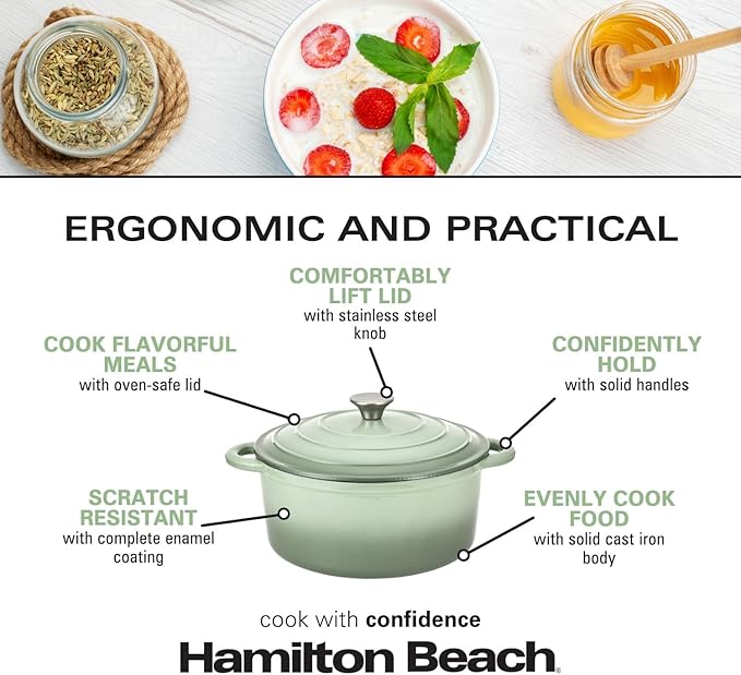 Hamilton Beach Enameled Cast Iron Dutch Oven 5.5-Quart Sage, Cream Enamel Dutch Oven Pot with Lid