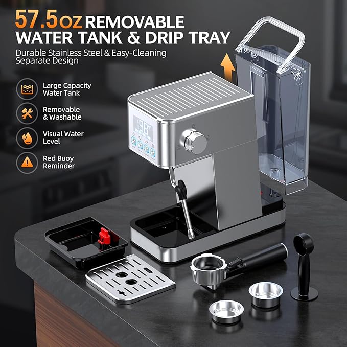 Espresso Machine, 20Bar Compact Stainless Espresso Maker, With Milk Frother Steam Wand, 57.5OZ Water Tank, Displays Making Time & Water Temperature, Cold Brew, Silver (2025 updated model)