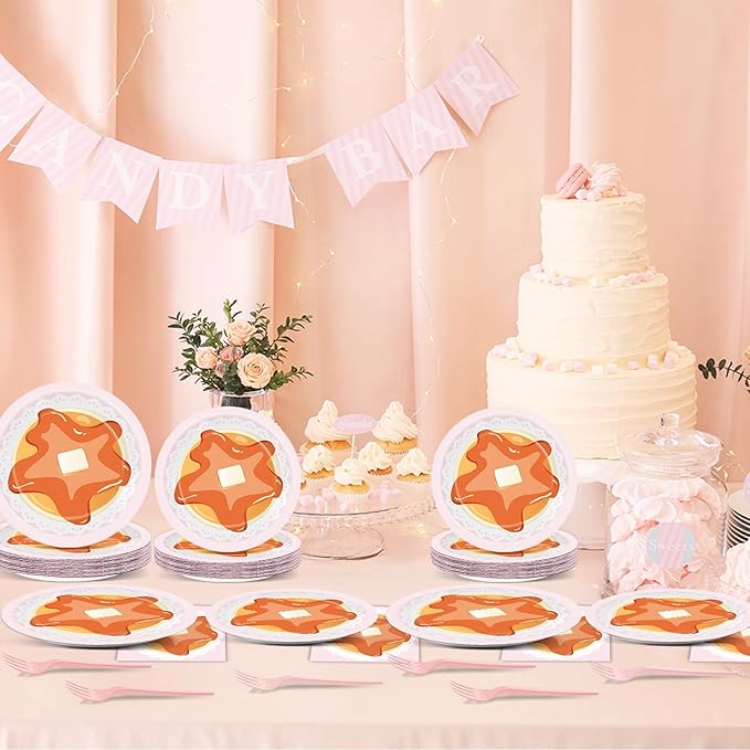 96Pcs Pancakes and Pajamas Paper Plates and Napkins Pajama Brunch Birthday Party Decoration Girls Pink Night Sleepover Dessert Plates Spa Party Cake Tableware Set for 24 Guests Slumber Party Supplies
