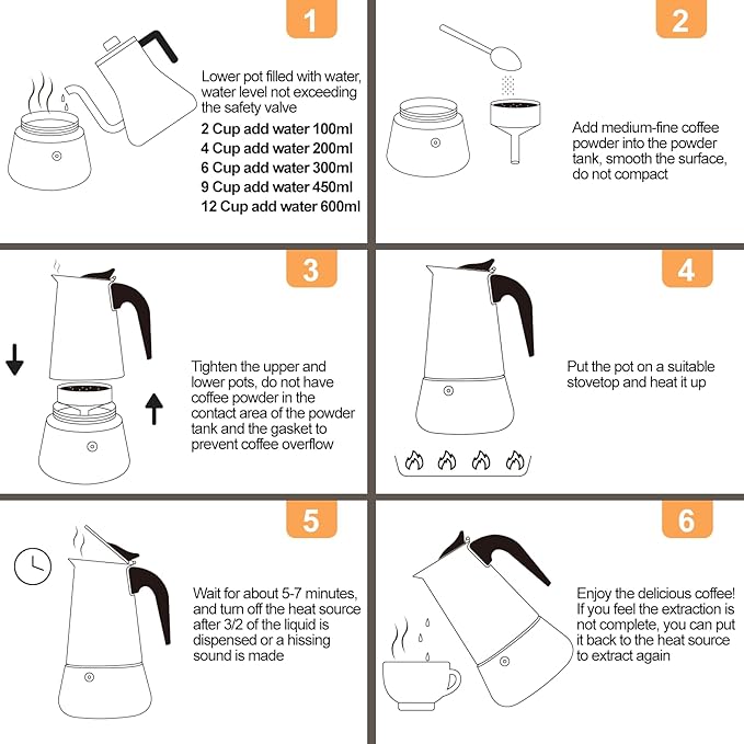 6 Cup 300ml Moka Pot Stainless Steel Espresso Coffee Maker Stovetop Percolator Coffeemaker Italian Classic Style Brewing Greca Cafe Mocha Machine for Cafeteras Lover Camping Travel and Home Use 10oz