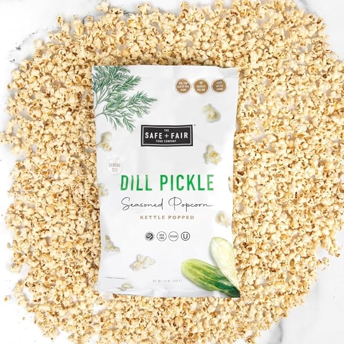 Safe + Fair Plant Based Gourmet Dill Pickle Seasoned Popcorn - Dill Pickle Seasoned Popcorn Non-GMO + Gluten Free + Vegan + Kosher Snacks (3 oz bag - 6 pack case)