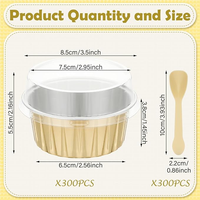 Hushee 600 Pcs Aluminum Foil Baking Cups with Lids and Spoons 5oz Disposable Ramekins Dessert Muffin Creme Brulee Cupcake Liners Containers for Wedding Birthday Christmas Party(Round,Gold)