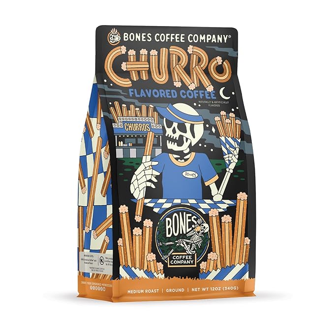 Bones Coffee Company Churro, Sweet Sugary Cinnamon Flavored Coffee, Medium Roast Low Acid Arabica Beans Compatible with Auto drip and French Press Coffee Maker, 12 Oz Ground