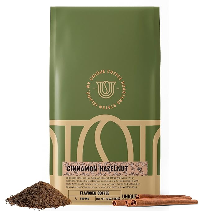 Cinnamon Hazelnut Flavored Ground Coffee, 1 LB (16 oz) bag, Medium Roast, 100% Arabica Premium Quality Flavor