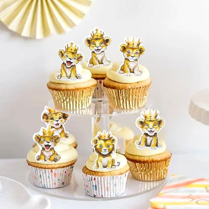 40Pcs Edible Lion Cupcake Toppers Wafer Paper Safari Animal Theme Cake Toppers Decoration for Lion Drink Topper Baby Shower Birthday Animal Theme Party Cake Decorations Supplies