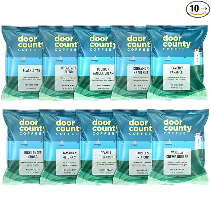 Gourmet Flavored Coffee Sampler Pack - 10 Bags of Unique Flavored Coffees ??100% Specialty Grade 1 Arabica -1.5 oz Full-Pot Bags - Roasted by Door County Coffee