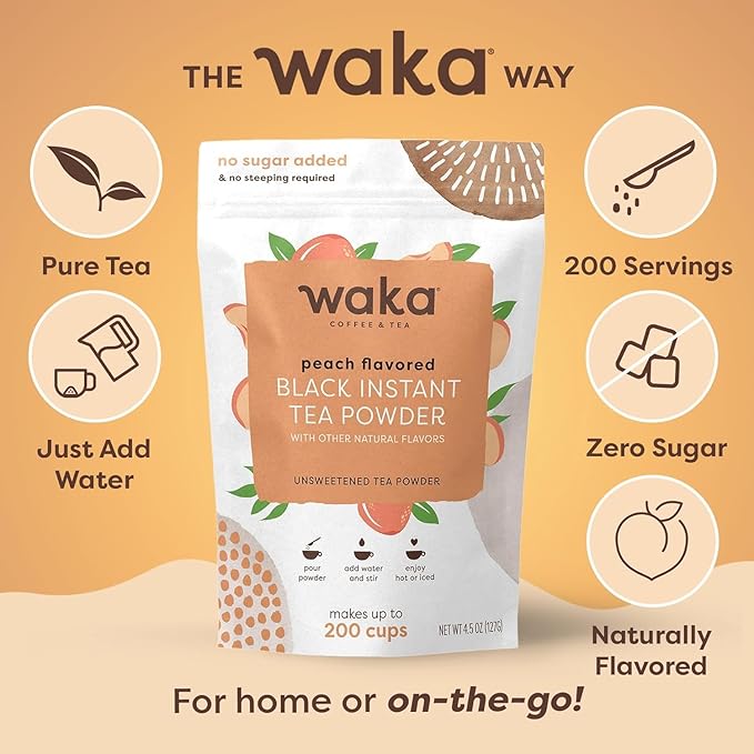 Waka Instant Black Tea Mix, Peach Flavored - 100% Tea Leaves, No Additives, Unsweetened Tea Powder for 50 Quarts or 200 Cups ??Easy and Quick Hot or Iced Teas (4.5oz)